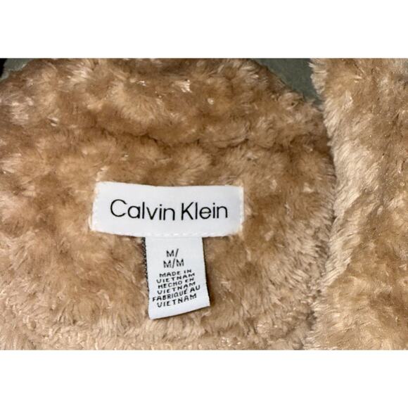 Calvin Klein Velour Fleece Jacket Men’s Medium Tan Textured Full Zip - Picture 2 of 8